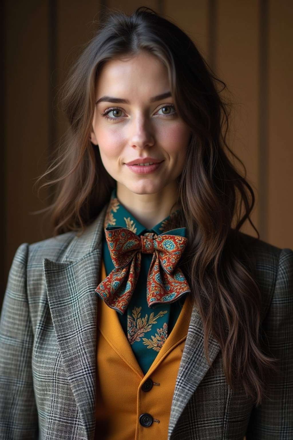 woman wearing a trendy tweed suit with a patterned bow tie and a contrasting vest