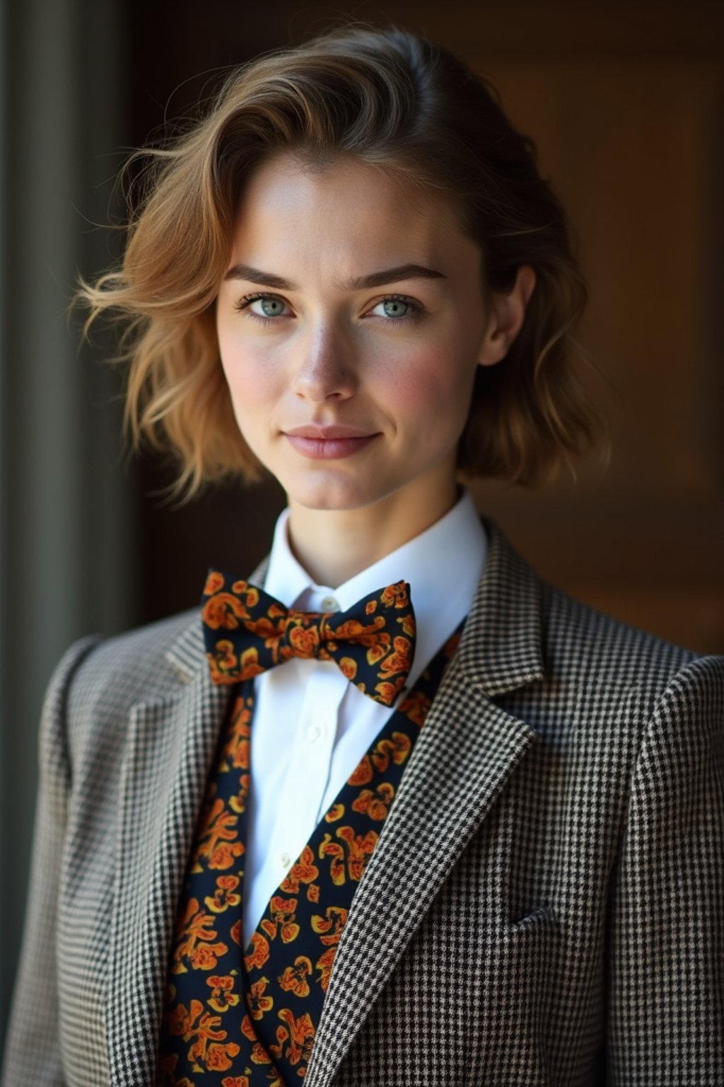 woman wearing a trendy tweed suit with a patterned bow tie and a contrasting vest