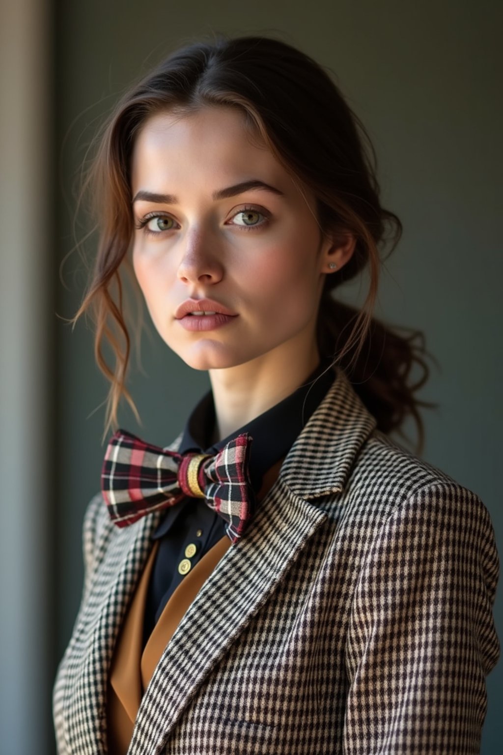 woman wearing a trendy tweed suit with a patterned bow tie and a contrasting vest