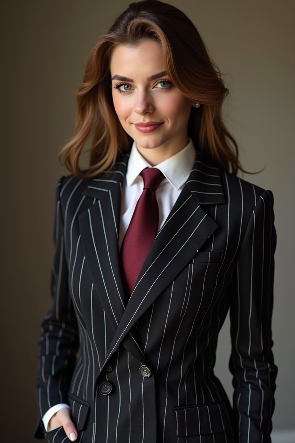 woman trying on a sophisticated pinstripe suit with a waistcoat and a burgundy tie