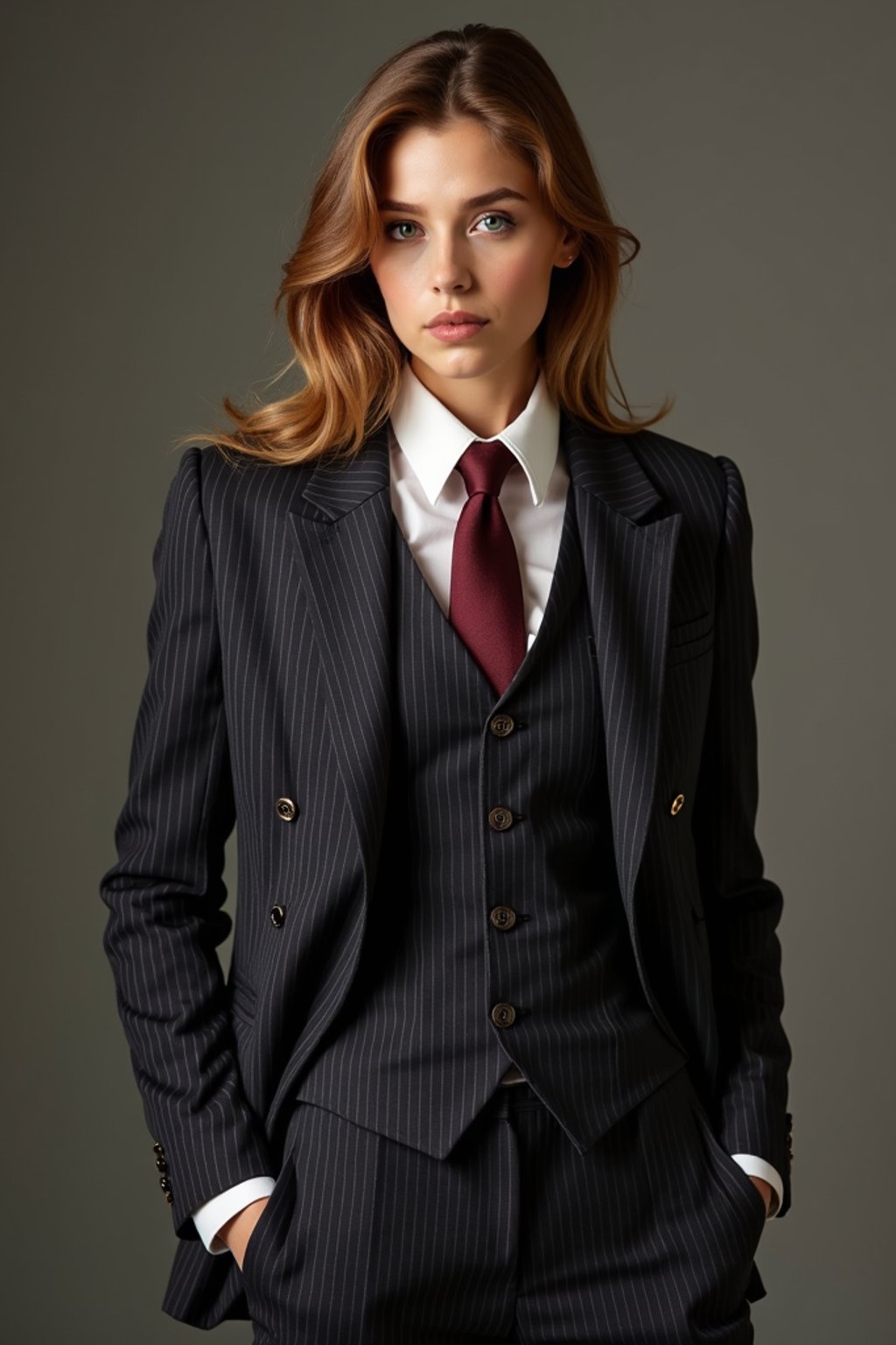 woman trying on a sophisticated pinstripe suit with a waistcoat and a burgundy tie