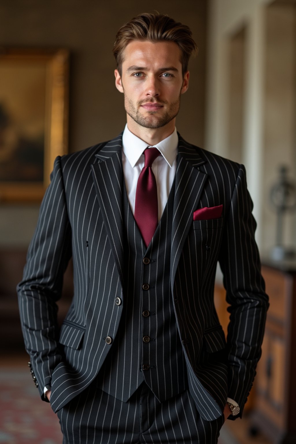 woman trying on a sophisticated pinstripe suit with a waistcoat and a burgundy tie