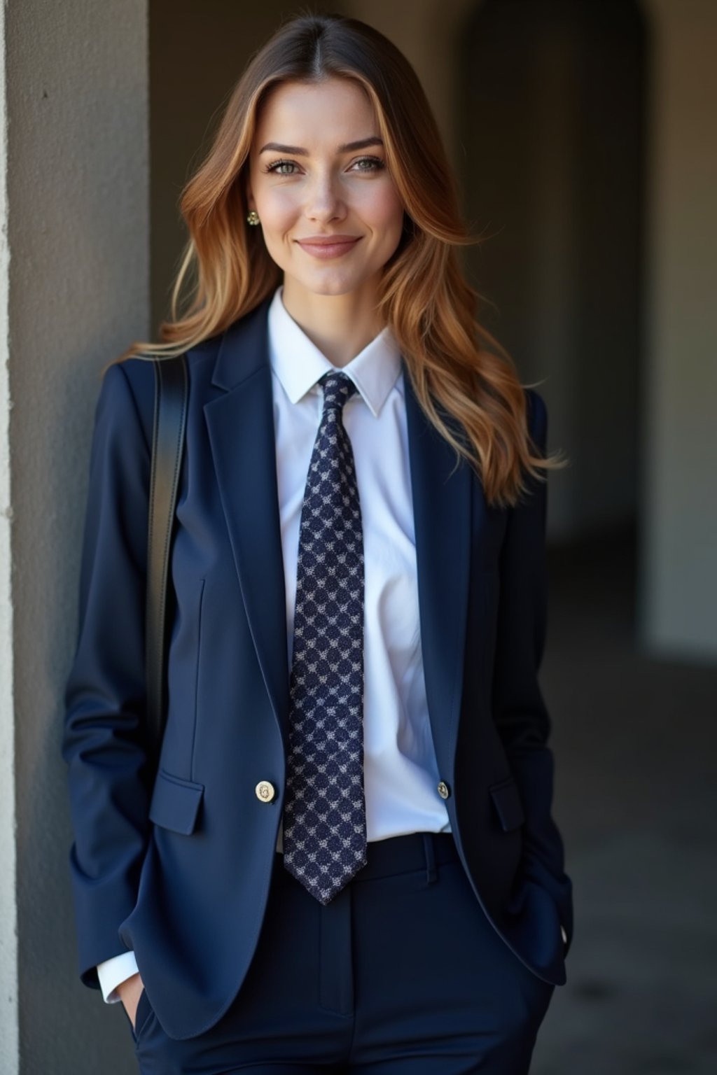 woman wearing a classic navy blue suit with a crisp white dress shirt and a patterned tie