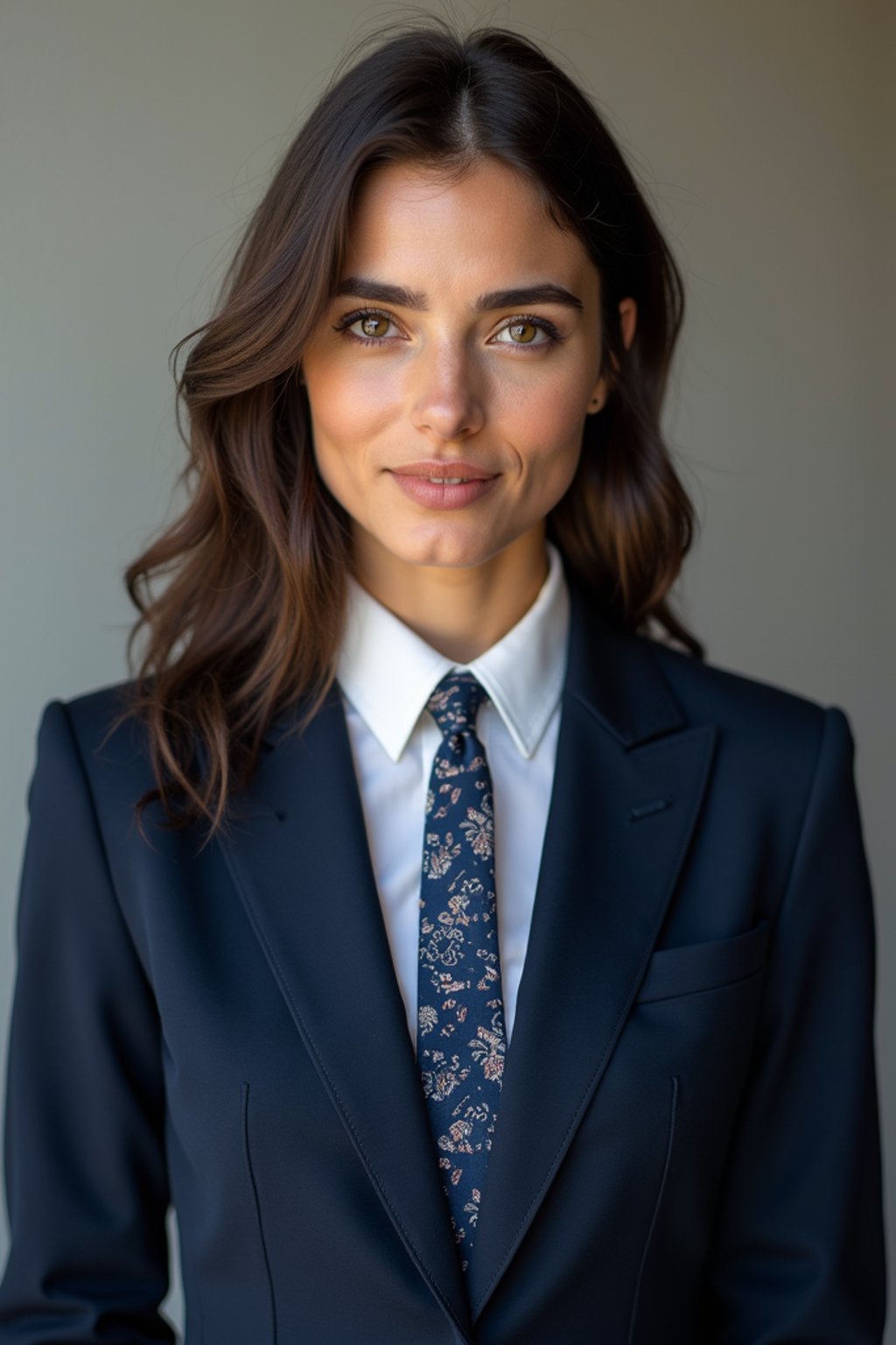 woman wearing a classic navy blue suit with a crisp white dress shirt and a patterned tie