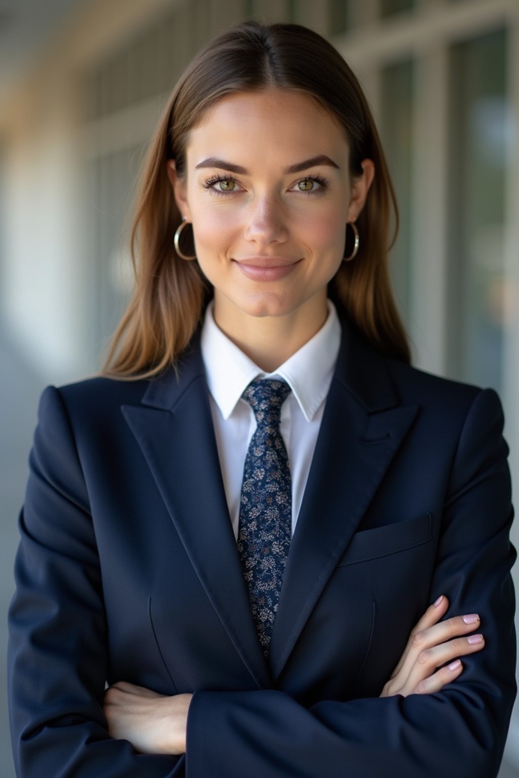 woman wearing a classic navy blue suit with a crisp white dress shirt and a patterned tie