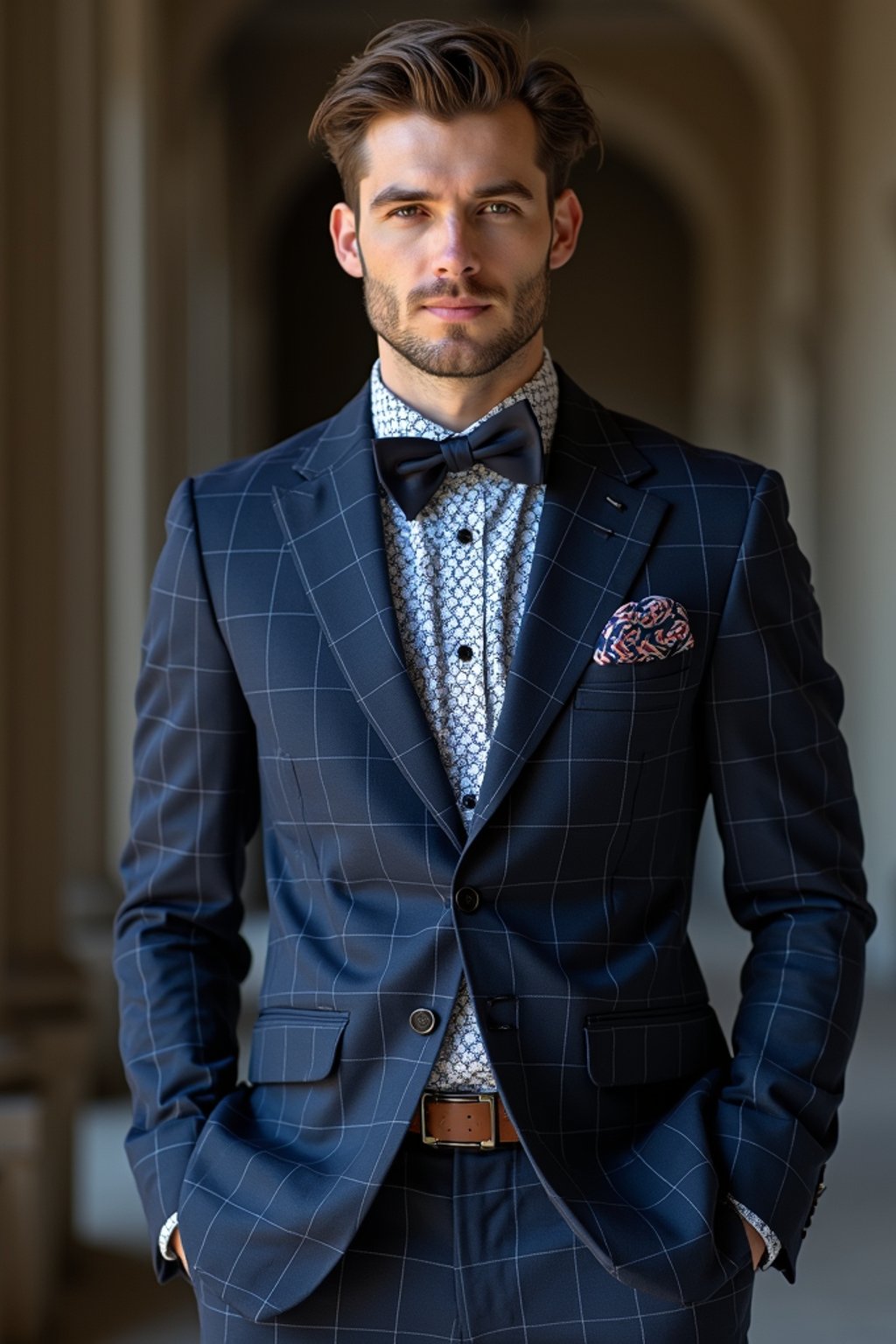 handsome and stylish man showcasing a unique windowpane check suit in a navy blue color with a patterned shirt and a contrasting bow tie