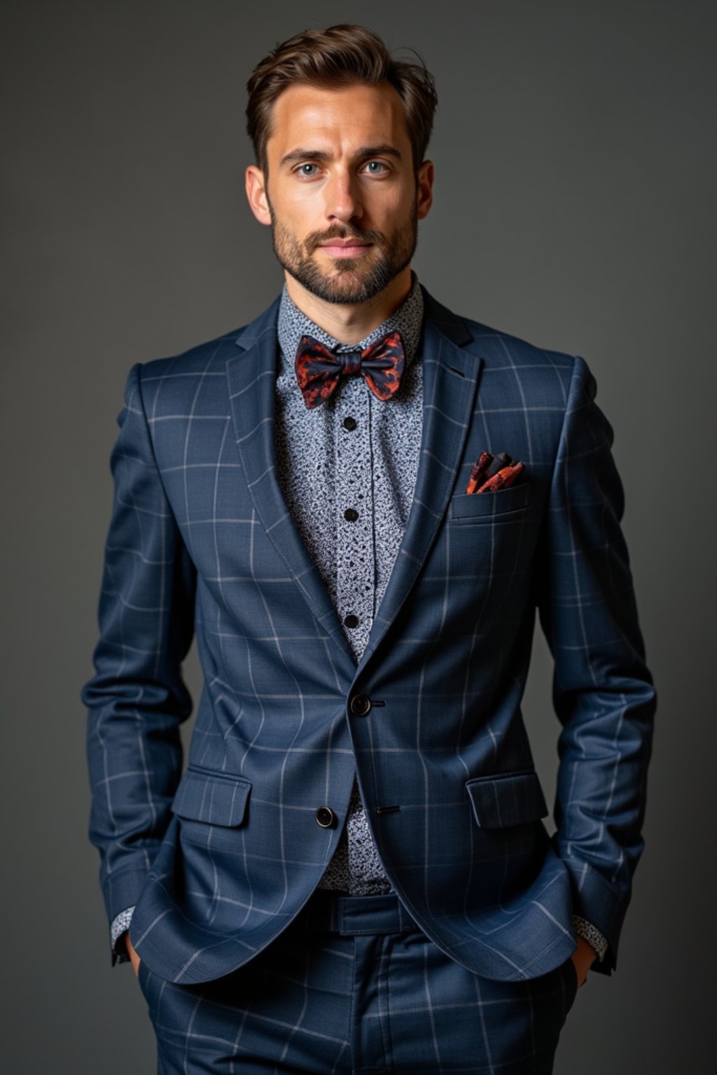 handsome and stylish man showcasing a unique windowpane check suit in a navy blue color with a patterned shirt and a contrasting bow tie