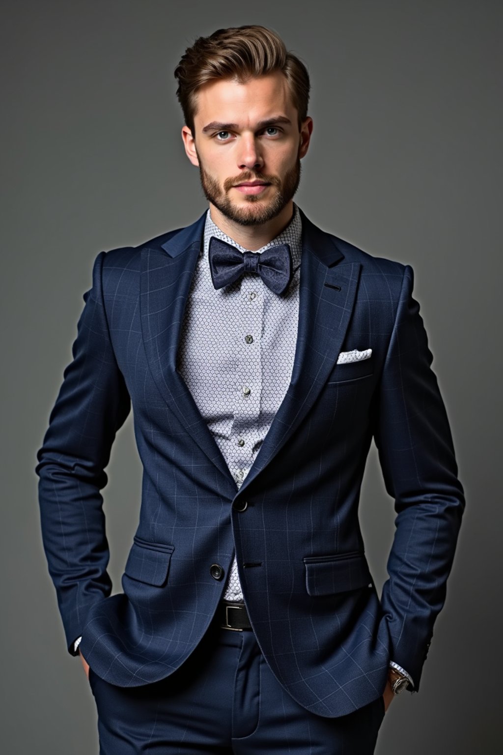 handsome and stylish man showcasing a unique windowpane check suit in a navy blue color with a patterned shirt and a contrasting bow tie