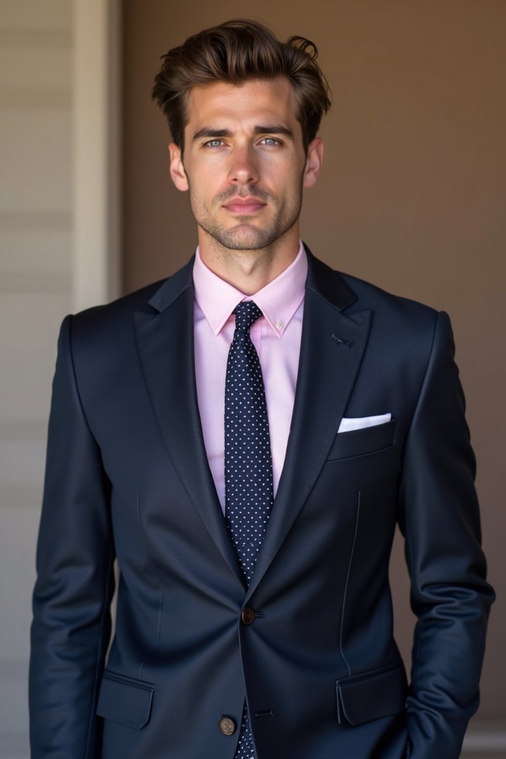 handsome and stylish man wearing a classic navy herringbone suit with a light pink dress shirt and a polka dot tie