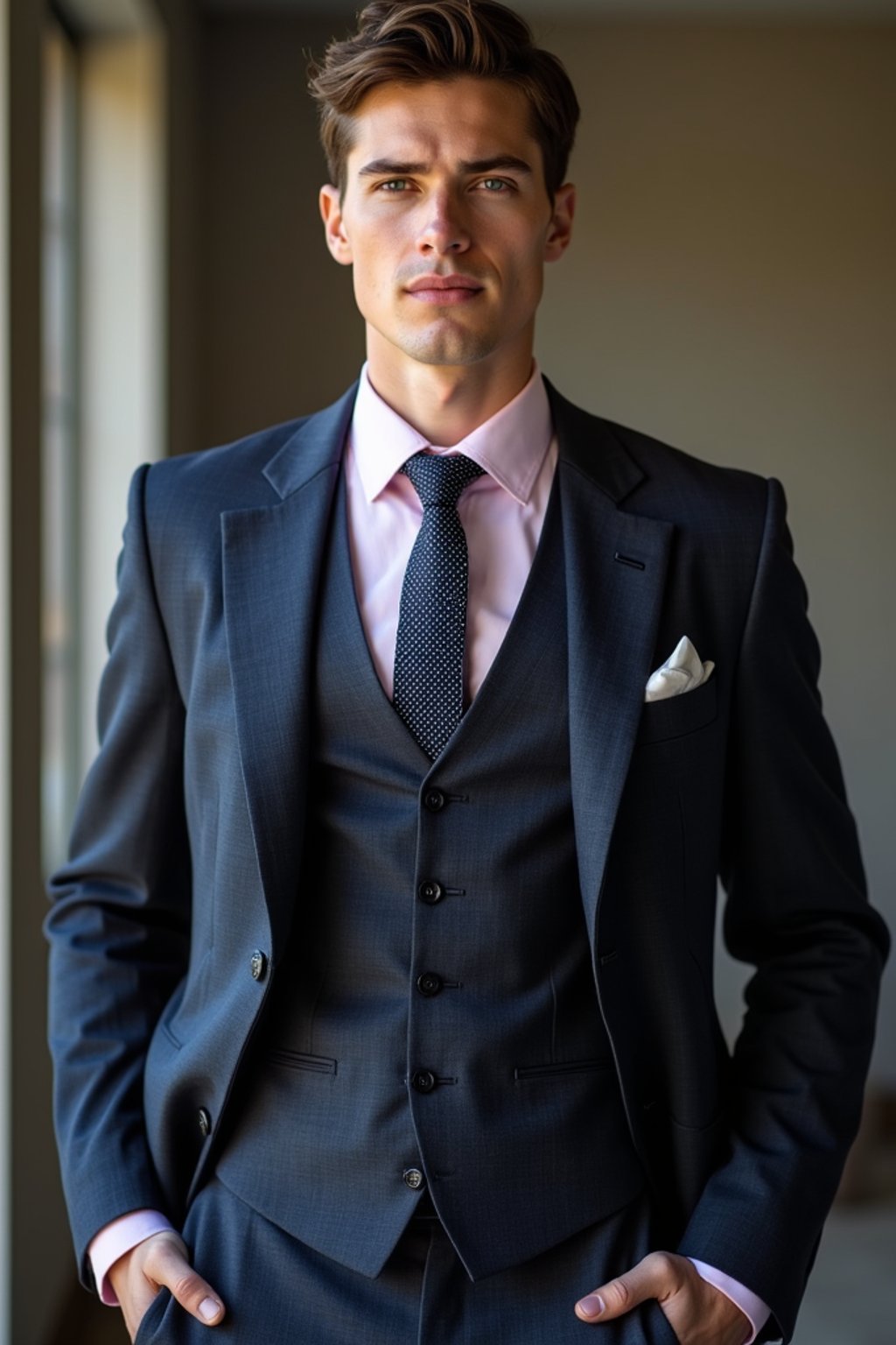 handsome and stylish man wearing a classic navy herringbone suit with a light pink dress shirt and a polka dot tie