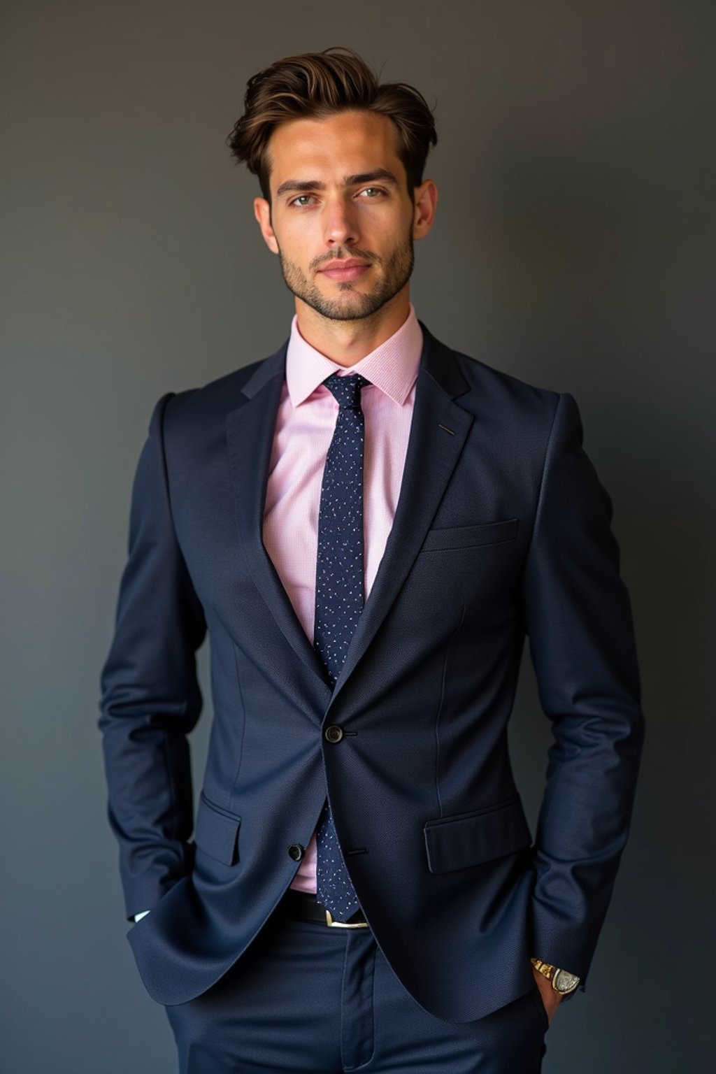 handsome and stylish man wearing a classic navy herringbone suit with a light pink dress shirt and a polka dot tie