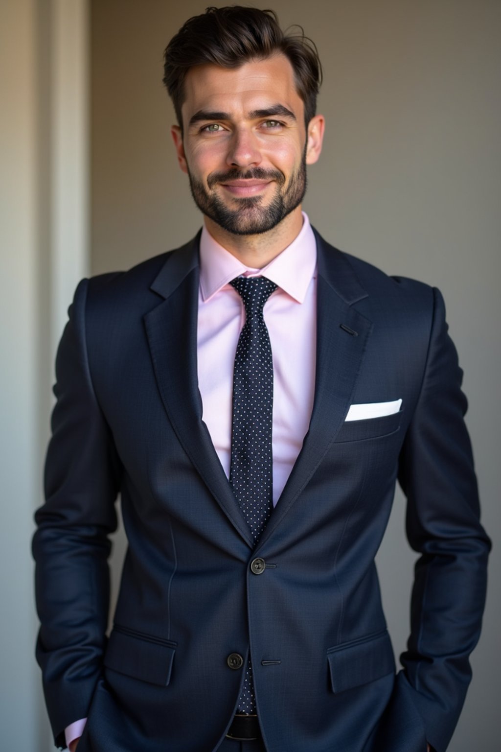 handsome and stylish man wearing a classic navy herringbone suit with a light pink dress shirt and a polka dot tie