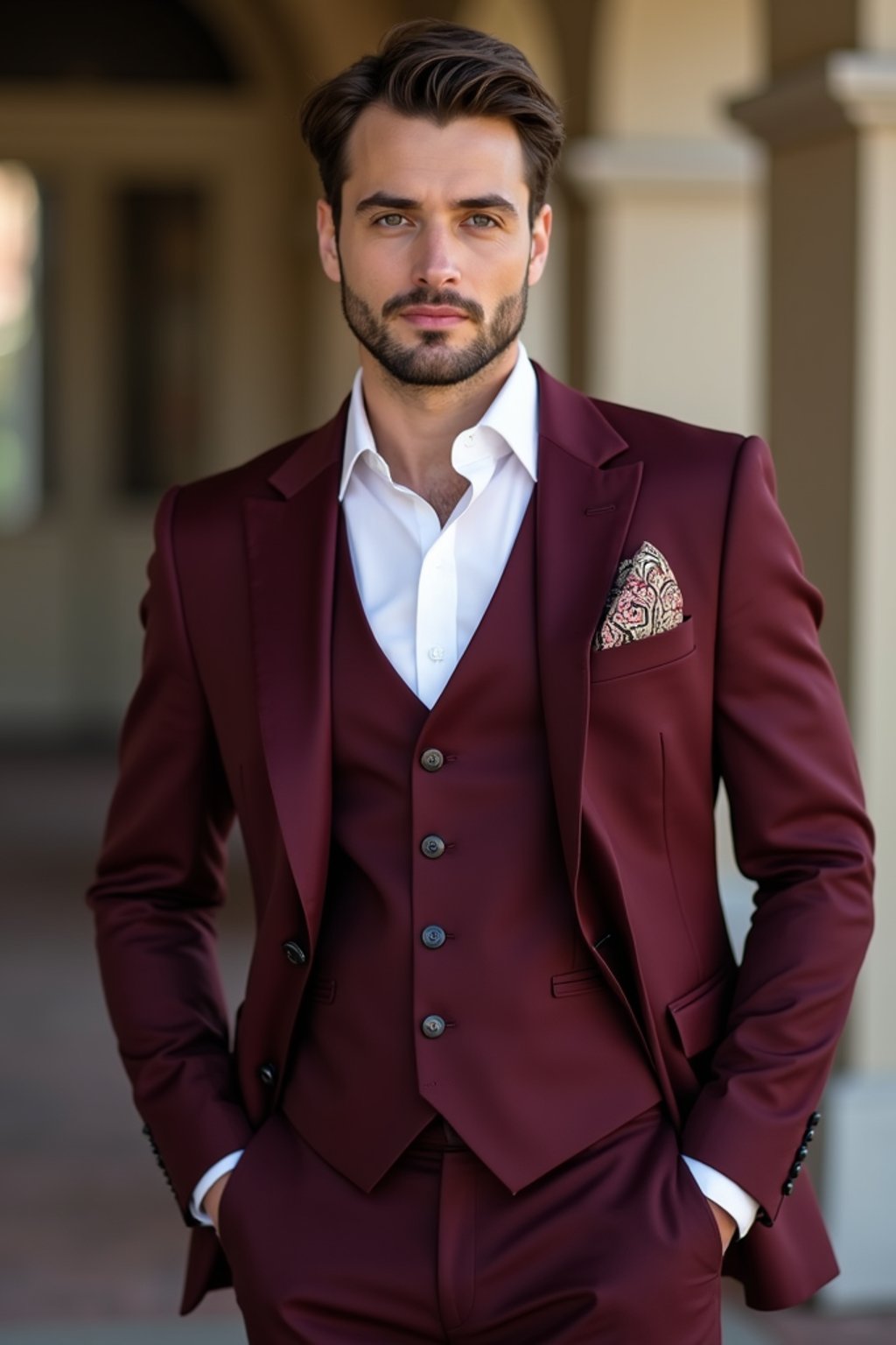 handsome and stylish man trying on a stylish three-piece suit in a rich burgundy color with a crisp white shirt and a paisley patterned pocket square