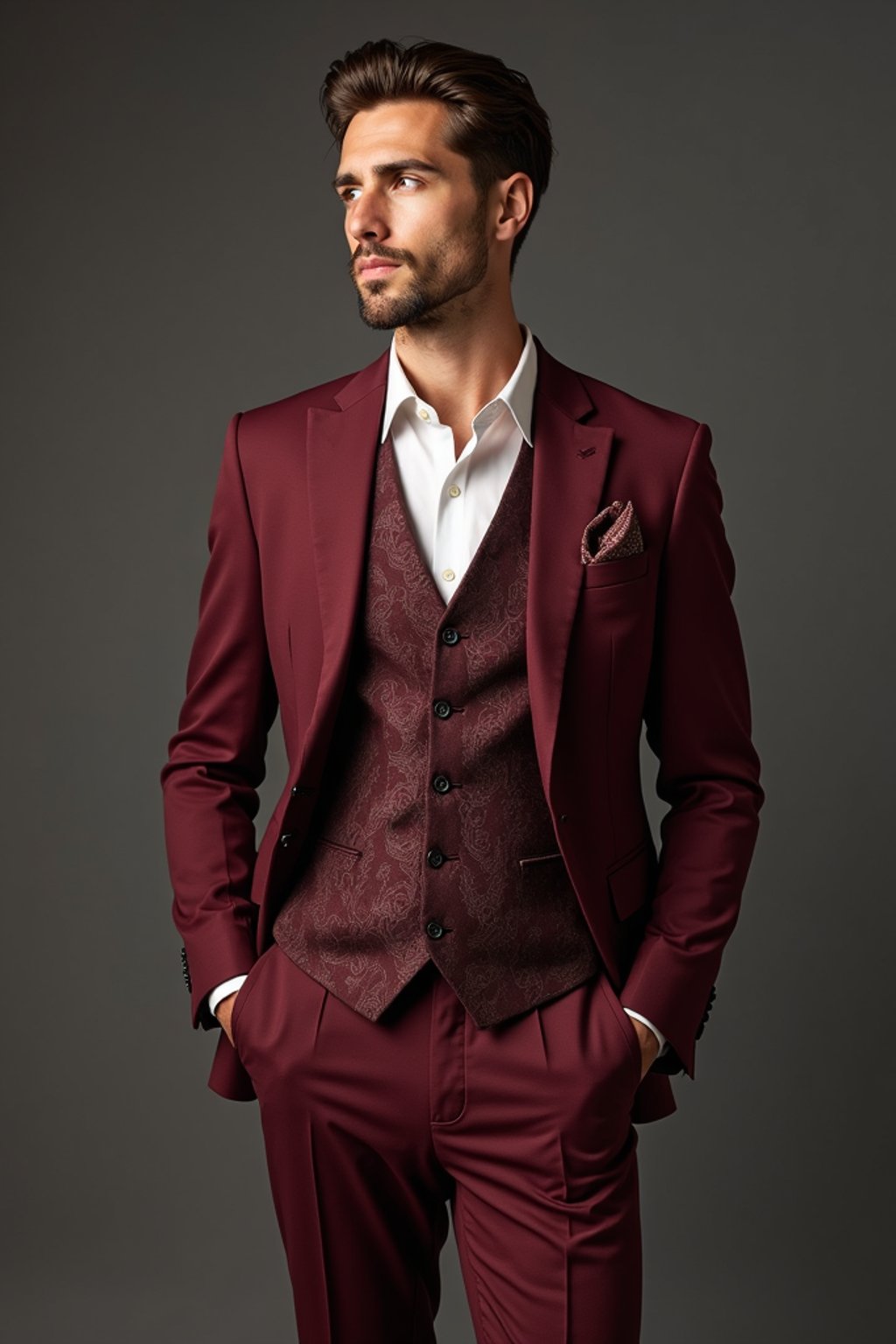 handsome and stylish man trying on a stylish three-piece suit in a rich burgundy color with a crisp white shirt and a paisley patterned pocket square