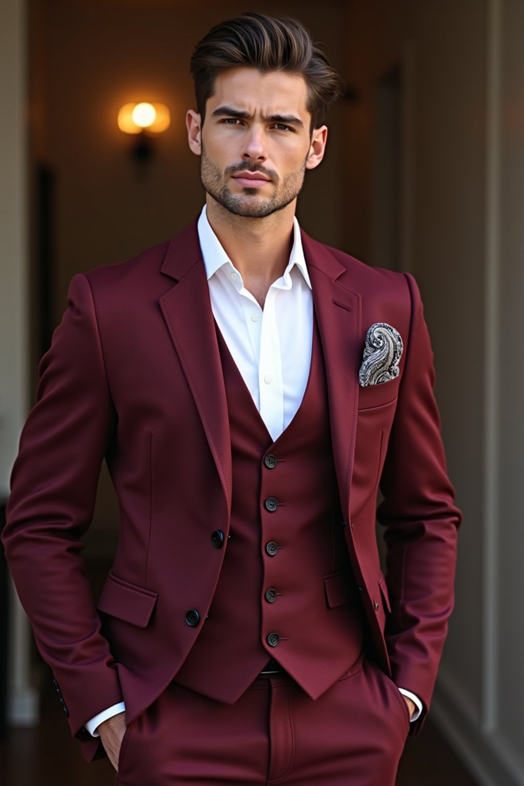 handsome and stylish man trying on a stylish three-piece suit in a rich burgundy color with a crisp white shirt and a paisley patterned pocket square