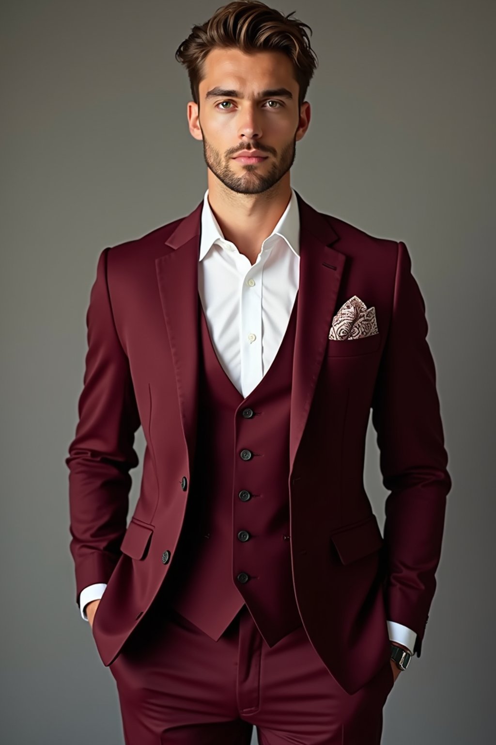 handsome and stylish man trying on a stylish three-piece suit in a rich burgundy color with a crisp white shirt and a paisley patterned pocket square