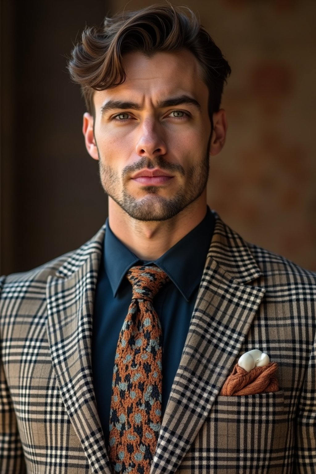 handsome and stylish man showcasing a dappersuit in a bold plaid pattern with a solid-colored shirt and a knitted tie