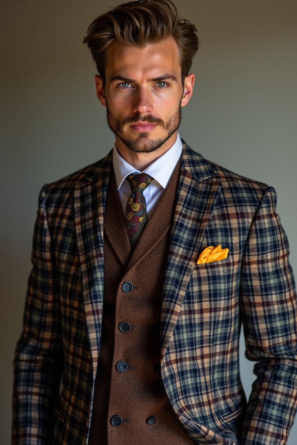 handsome and stylish man showcasing a dappersuit in a bold plaid pattern with a solid-colored shirt and a knitted tie