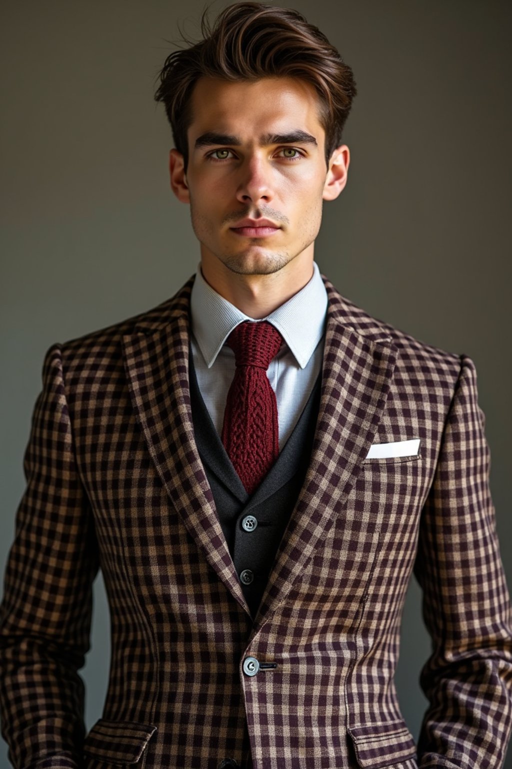 handsome and stylish man showcasing a dappersuit in a bold plaid pattern with a solid-colored shirt and a knitted tie