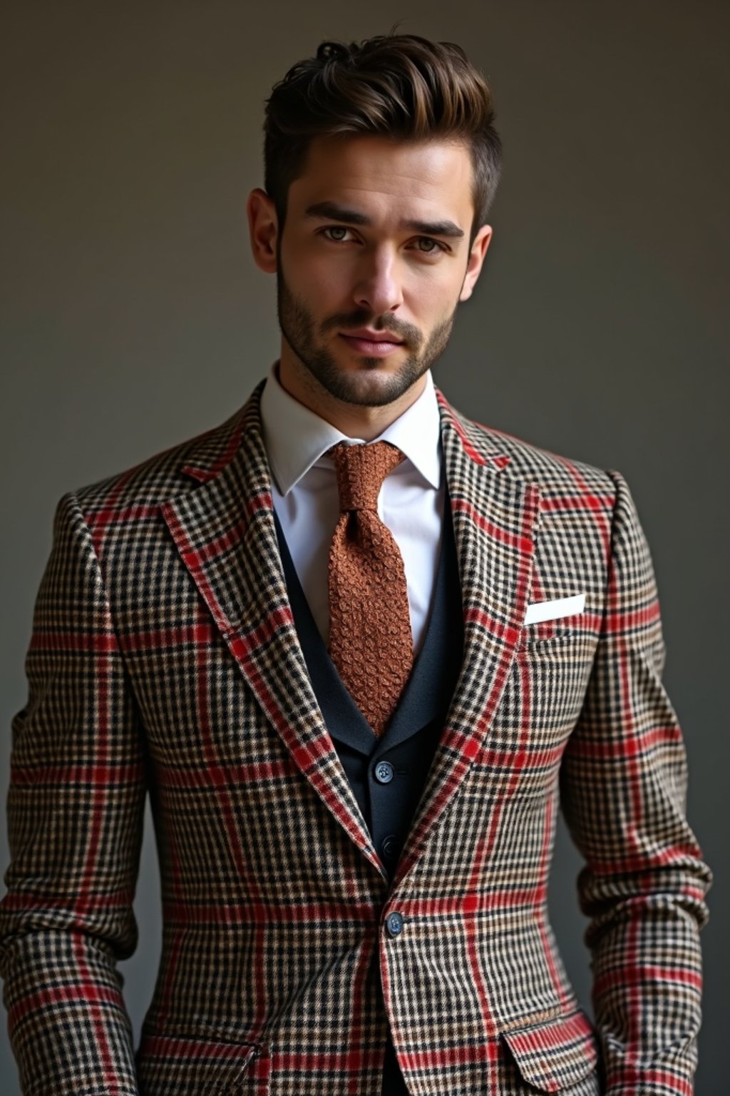 handsome and stylish man showcasing a dappersuit in a bold plaid pattern with a solid-colored shirt and a knitted tie