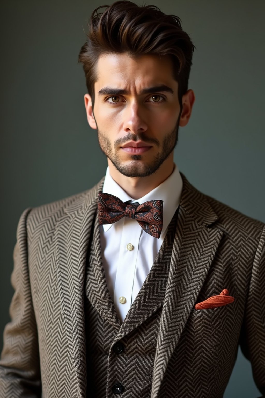 handsome and stylish man wearing a trendy tweed suit with a patterned bow tie and a contrasting vest