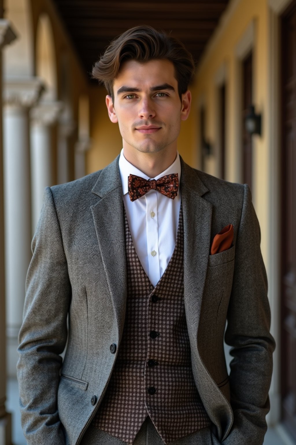 handsome and stylish man wearing a trendy tweed suit with a patterned bow tie and a contrasting vest