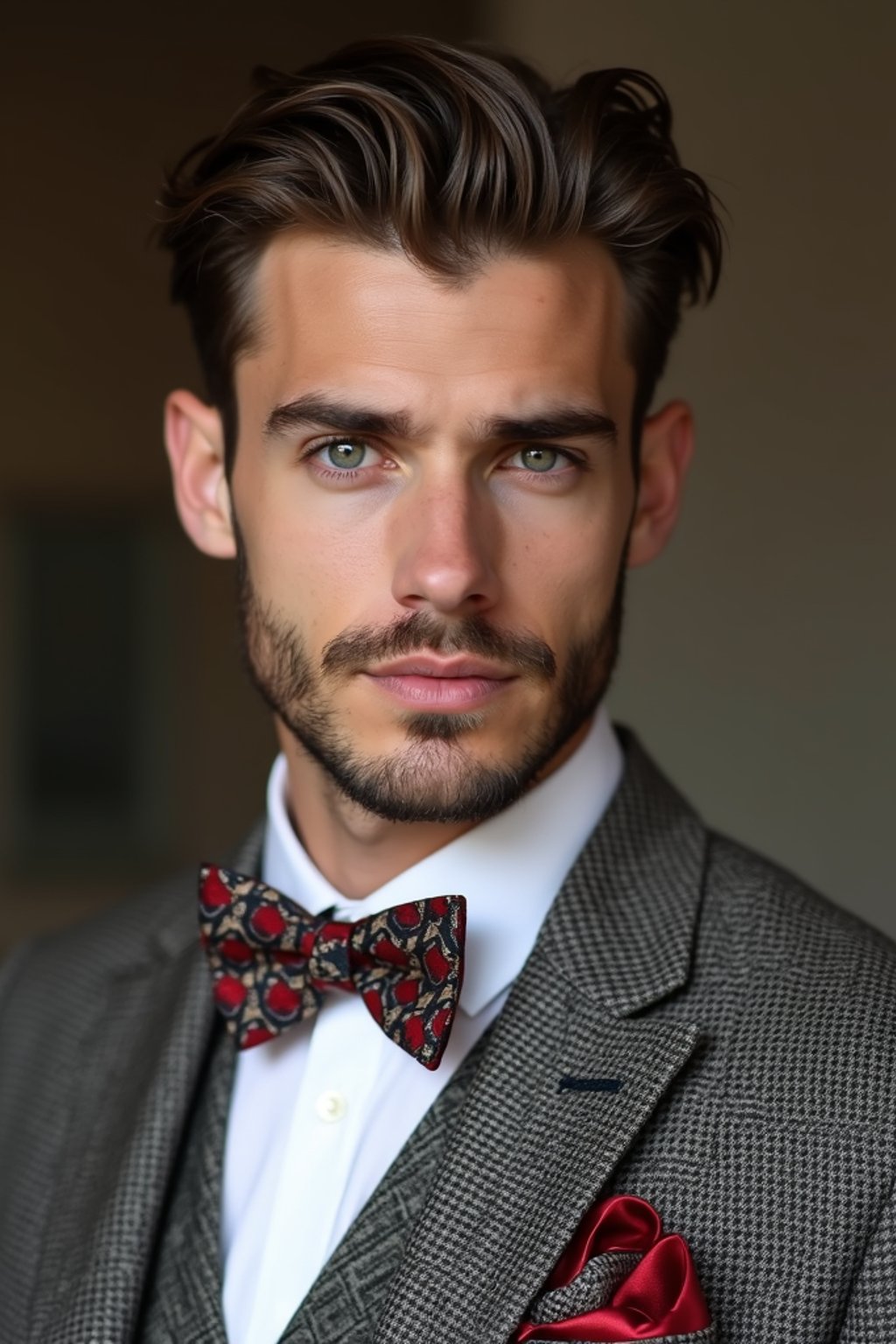 handsome and stylish man wearing a trendy tweed suit with a patterned bow tie and a contrasting vest