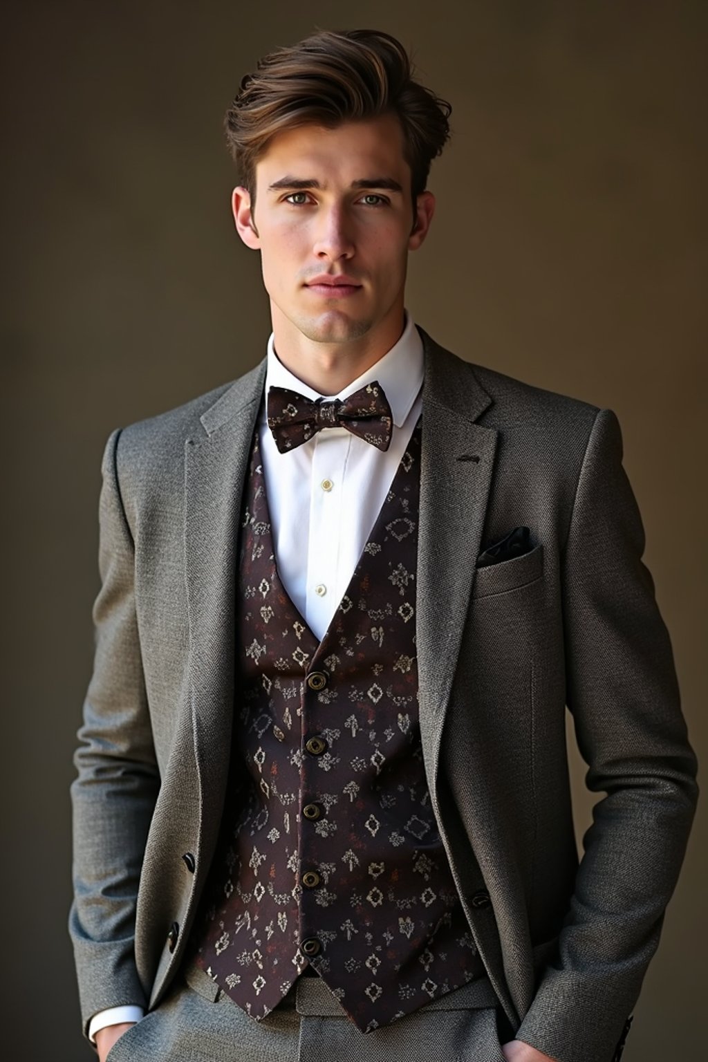 handsome and stylish man wearing a trendy tweed suit with a patterned bow tie and a contrasting vest