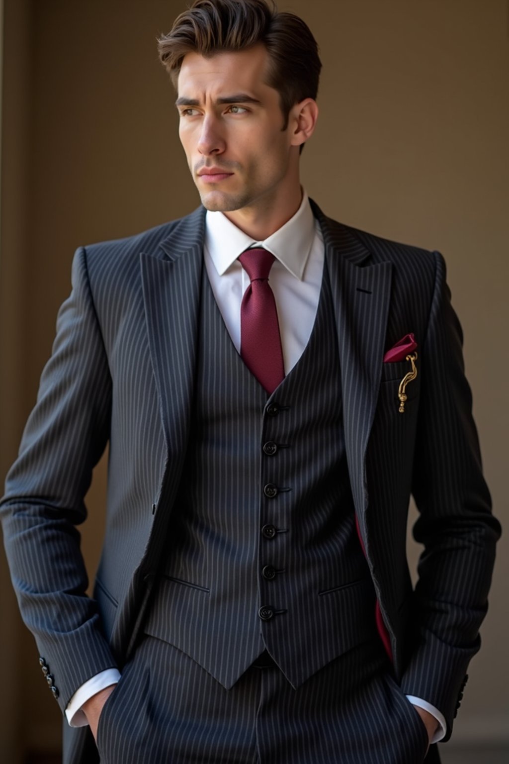 handsome and stylish man trying on a sophisticated pinstripe suit with a waistcoat and a burgundy tie