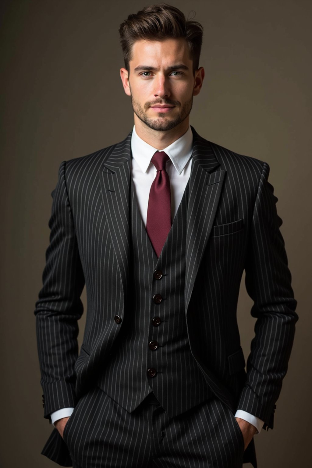 handsome and stylish man trying on a sophisticated pinstripe suit with a waistcoat and a burgundy tie