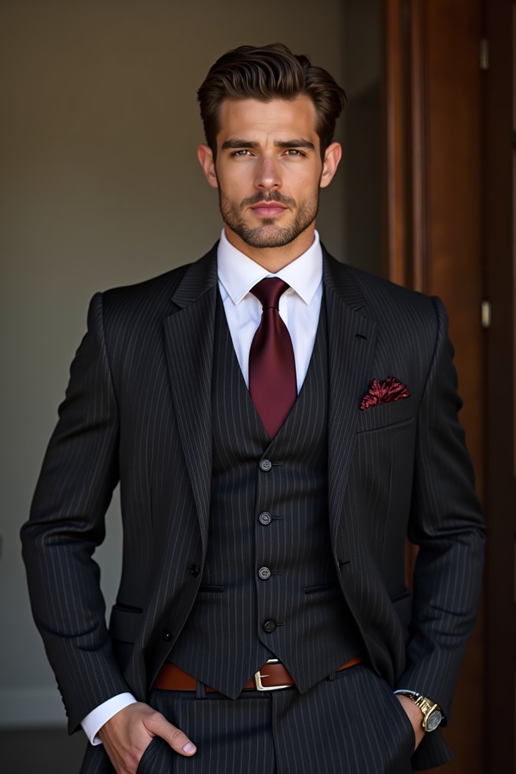 handsome and stylish man trying on a sophisticated pinstripe suit with a waistcoat and a burgundy tie