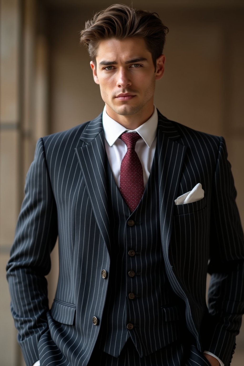 handsome and stylish man trying on a sophisticated pinstripe suit with a waistcoat and a burgundy tie