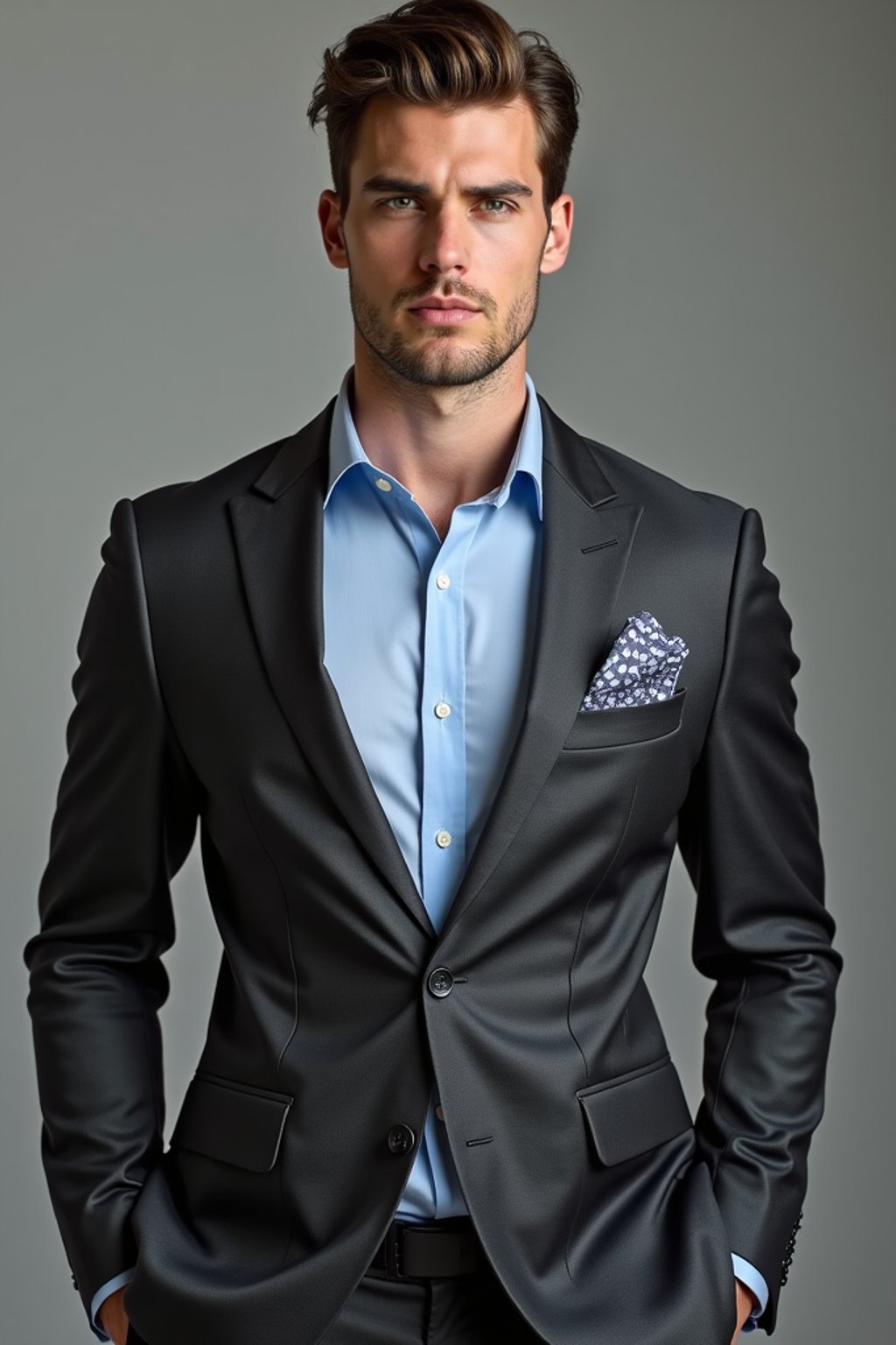 handsome and stylish man showcasing a modern slim-fit charcoal with a light blue dress shirt and a contrasting pocket square