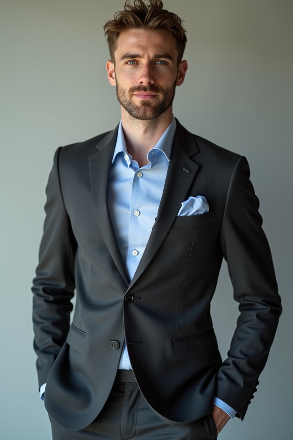 handsome and stylish man showcasing a modern slim-fit charcoal with a light blue dress shirt and a contrasting pocket square