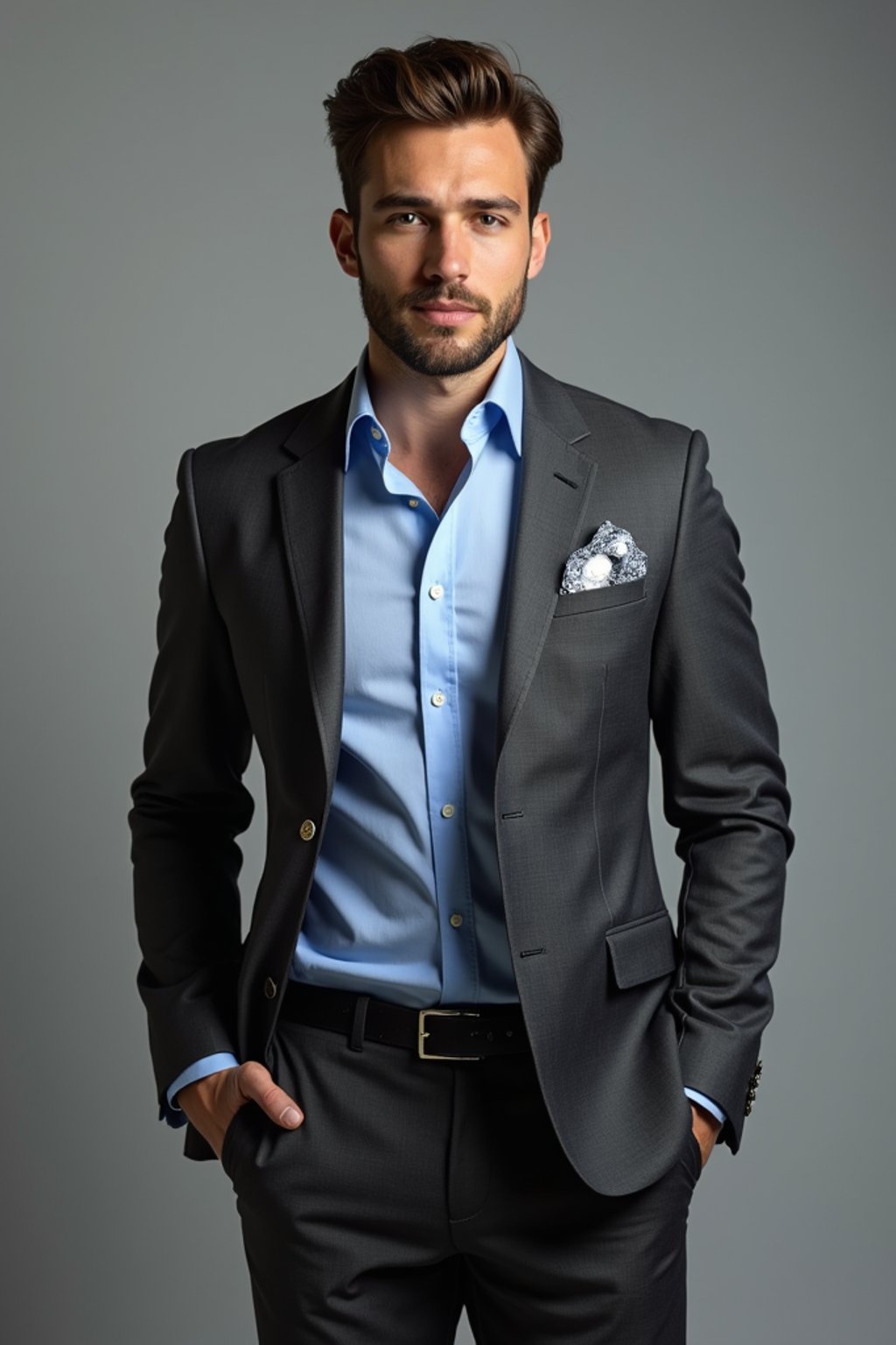 handsome and stylish man showcasing a modern slim-fit charcoal with a light blue dress shirt and a contrasting pocket square