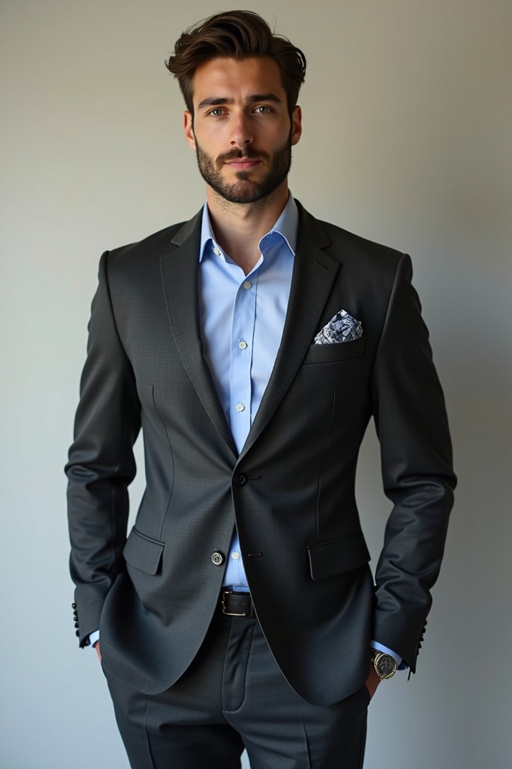 handsome and stylish man showcasing a modern slim-fit charcoal with a light blue dress shirt and a contrasting pocket square