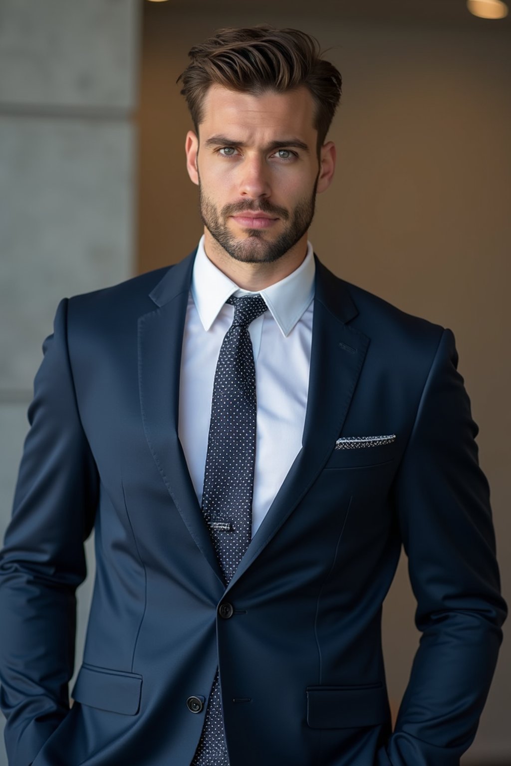 handsome and stylish man wearing a classic navy blue suit with a crisp white dress shirt and a patterned tie