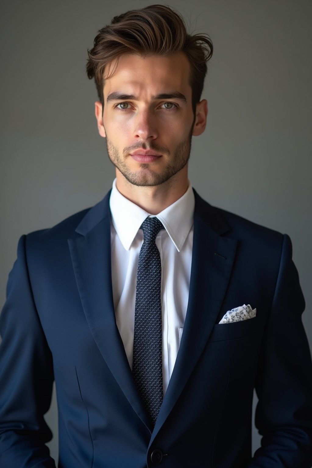 handsome and stylish man wearing a classic navy blue suit with a crisp white dress shirt and a patterned tie