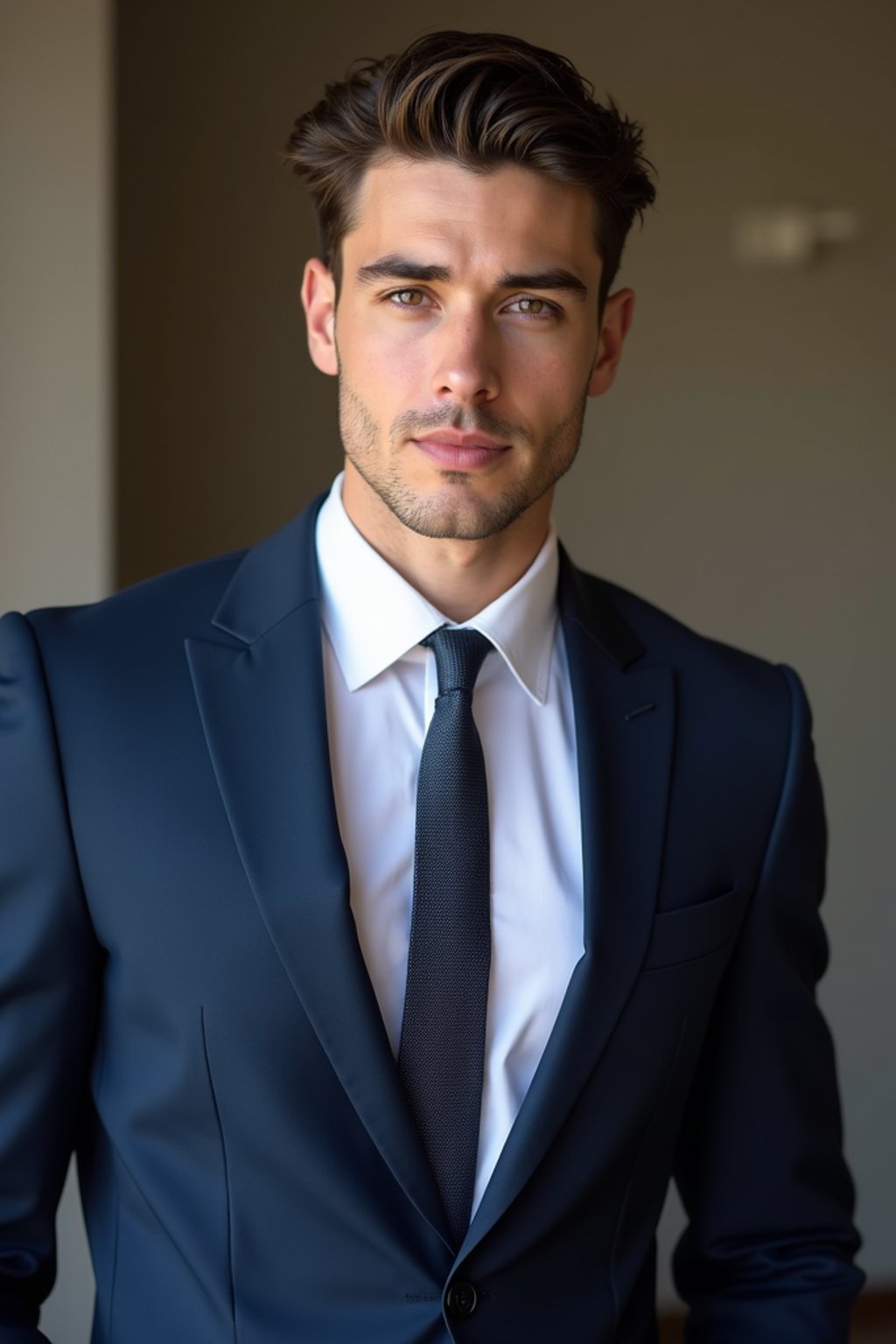 handsome and stylish man wearing a classic navy blue suit with a crisp white dress shirt and a patterned tie