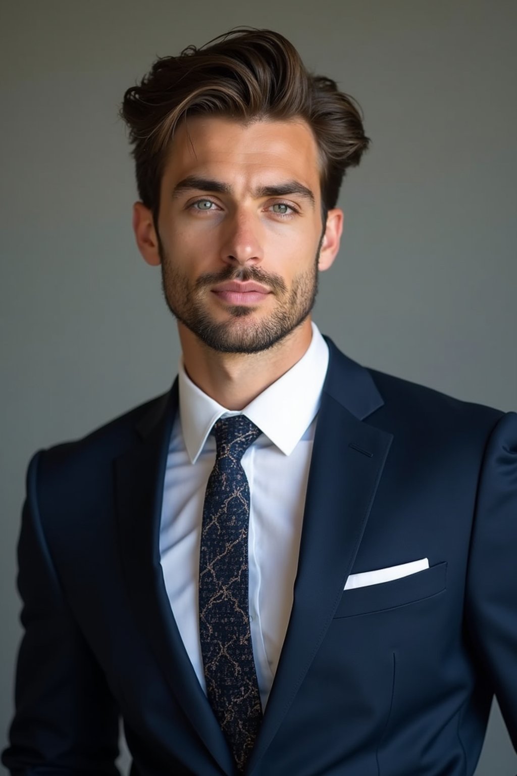 handsome and stylish man wearing a classic navy blue suit with a crisp white dress shirt and a patterned tie