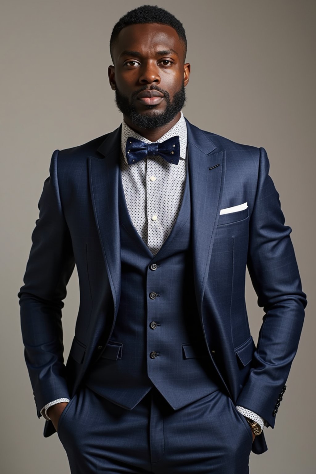 handsome and stylish man showcasing a unique windowpane check suit in a navy blue color with a patterned shirt and a contrasting bow tie