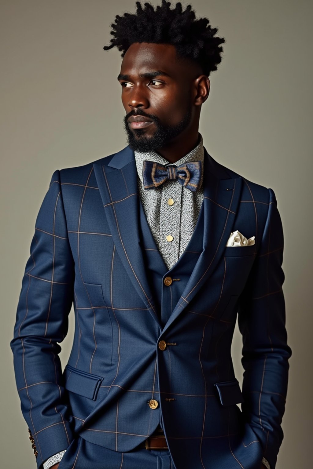 handsome and stylish man showcasing a unique windowpane check suit in a navy blue color with a patterned shirt and a contrasting bow tie