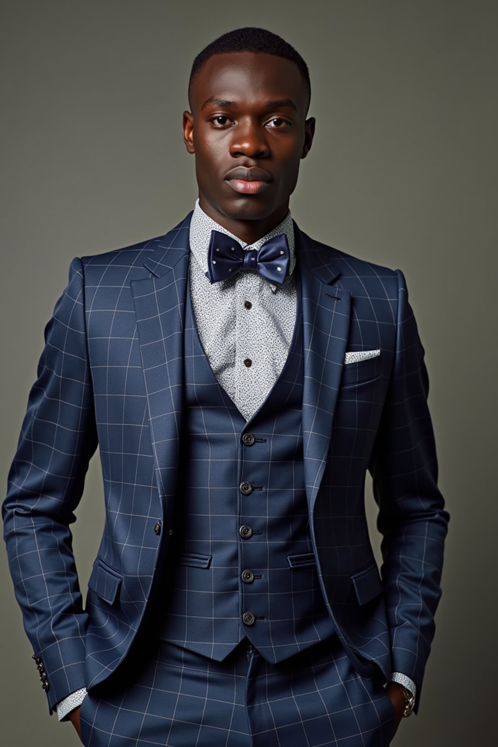 handsome and stylish man showcasing a unique windowpane check suit in a navy blue color with a patterned shirt and a contrasting bow tie