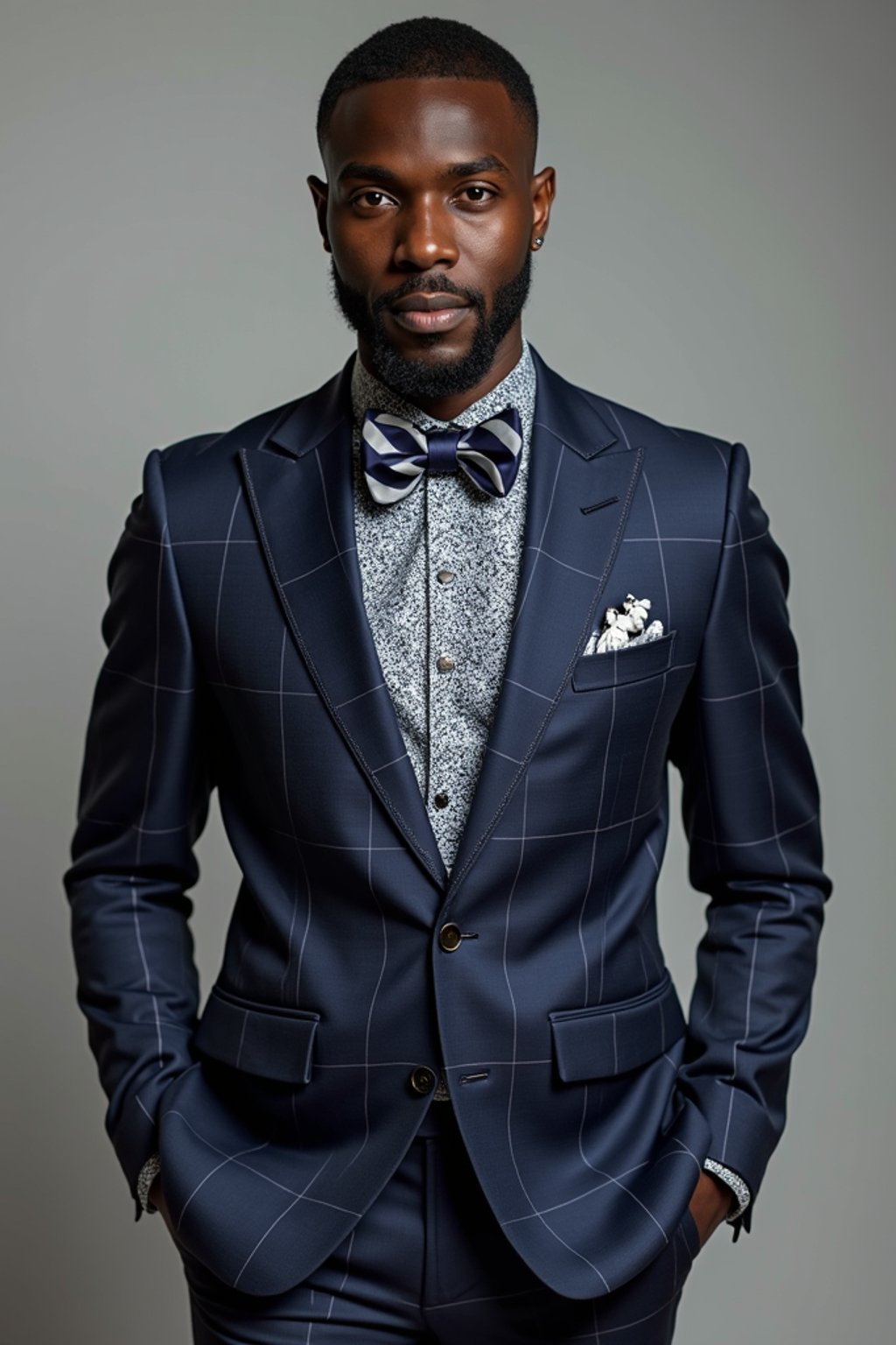 handsome and stylish man showcasing a unique windowpane check suit in a navy blue color with a patterned shirt and a contrasting bow tie