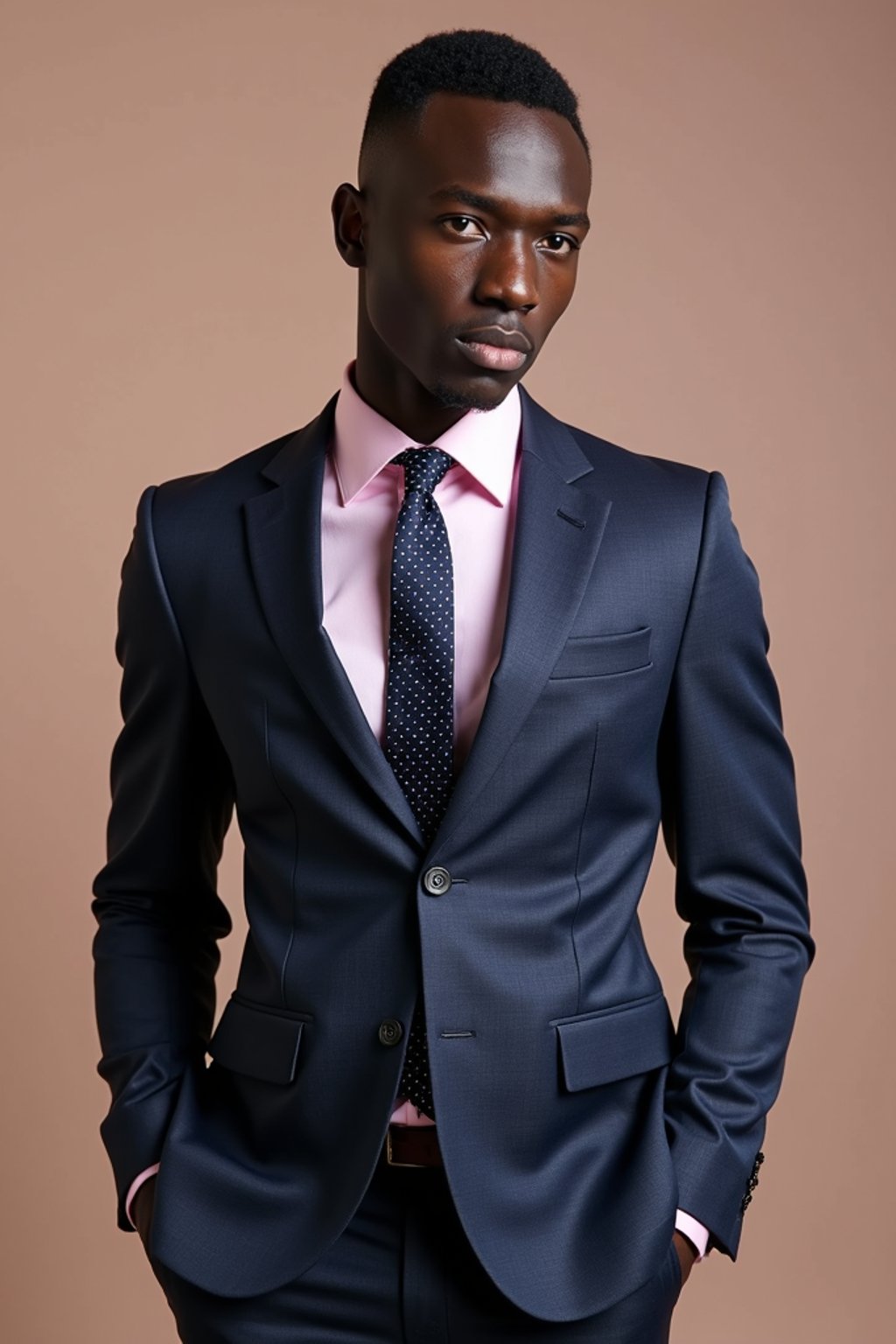 handsome and stylish man wearing a classic navy herringbone suit with a light pink dress shirt and a polka dot tie