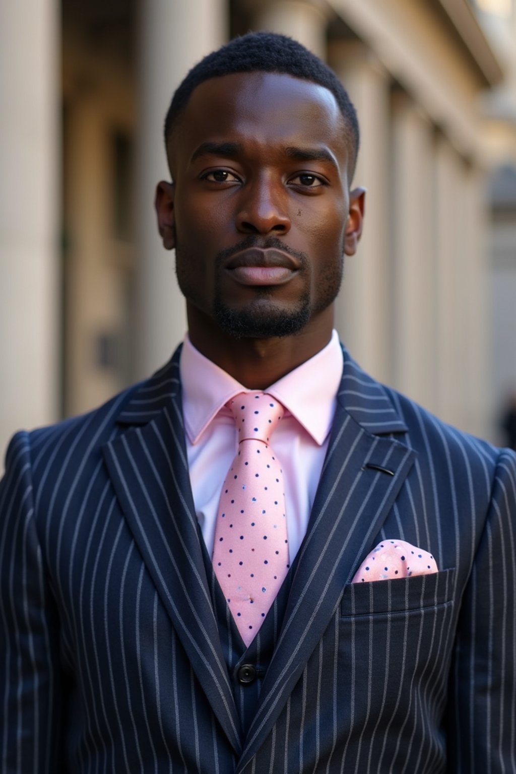 handsome and stylish man wearing a classic navy herringbone suit with a light pink dress shirt and a polka dot tie