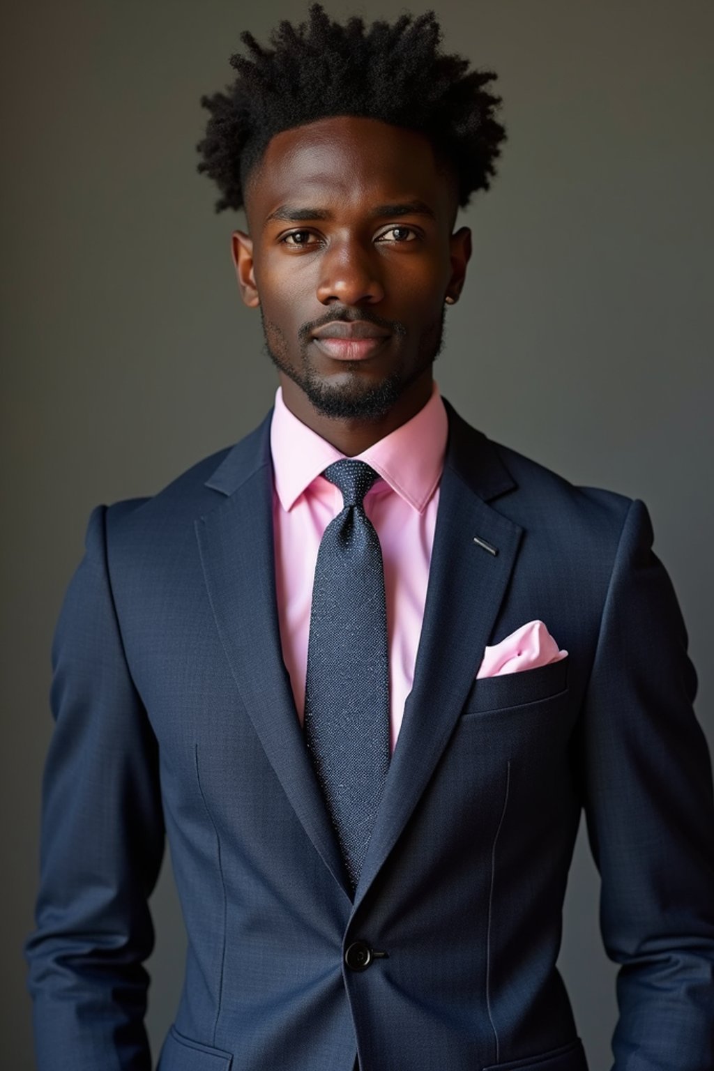 handsome and stylish man wearing a classic navy herringbone suit with a light pink dress shirt and a polka dot tie