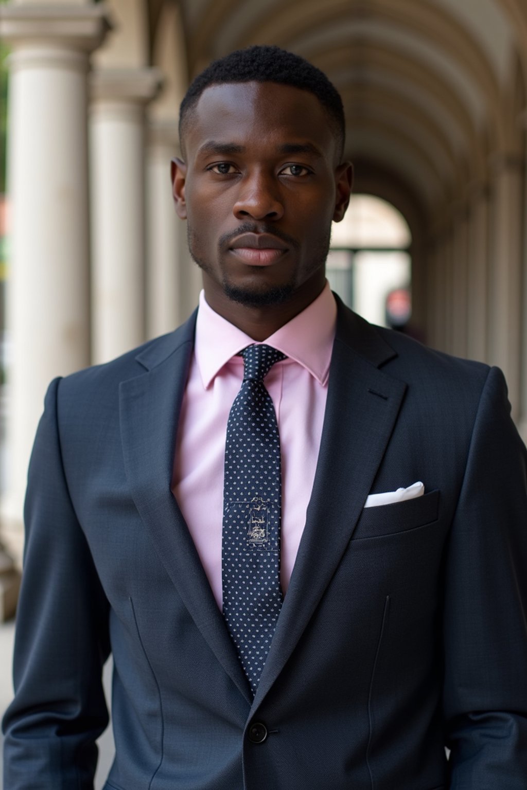 handsome and stylish man wearing a classic navy herringbone suit with a light pink dress shirt and a polka dot tie