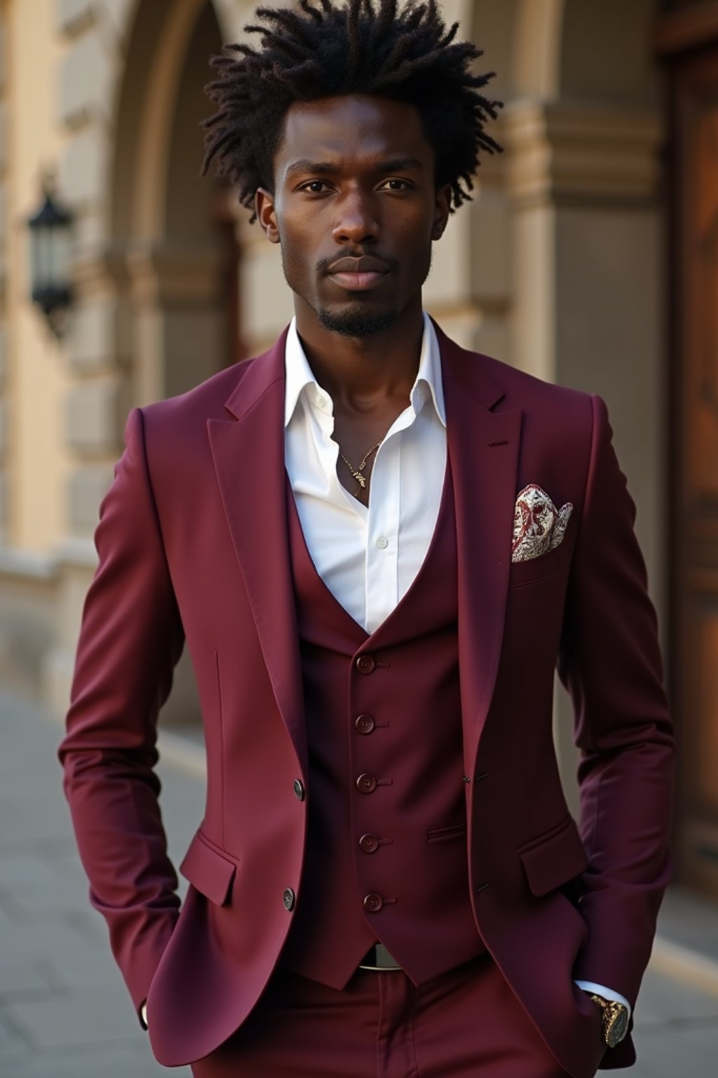 handsome and stylish man trying on a stylish three-piece suit in a rich burgundy color with a crisp white shirt and a paisley patterned pocket square