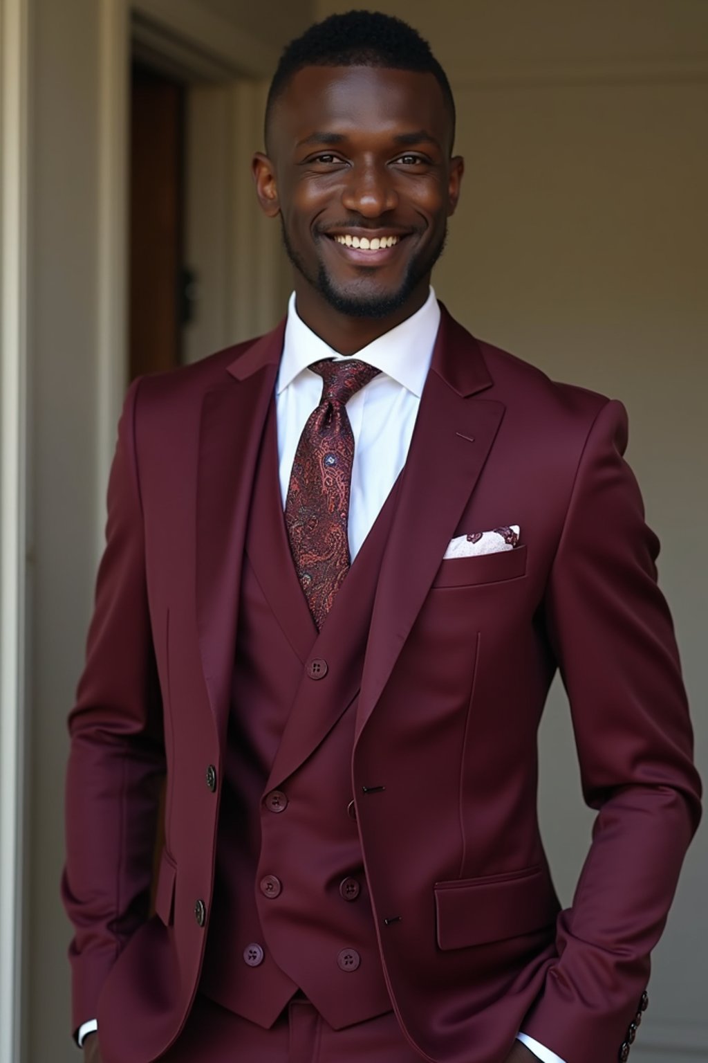 handsome and stylish man trying on a stylish three-piece suit in a rich burgundy color with a crisp white shirt and a paisley patterned pocket square